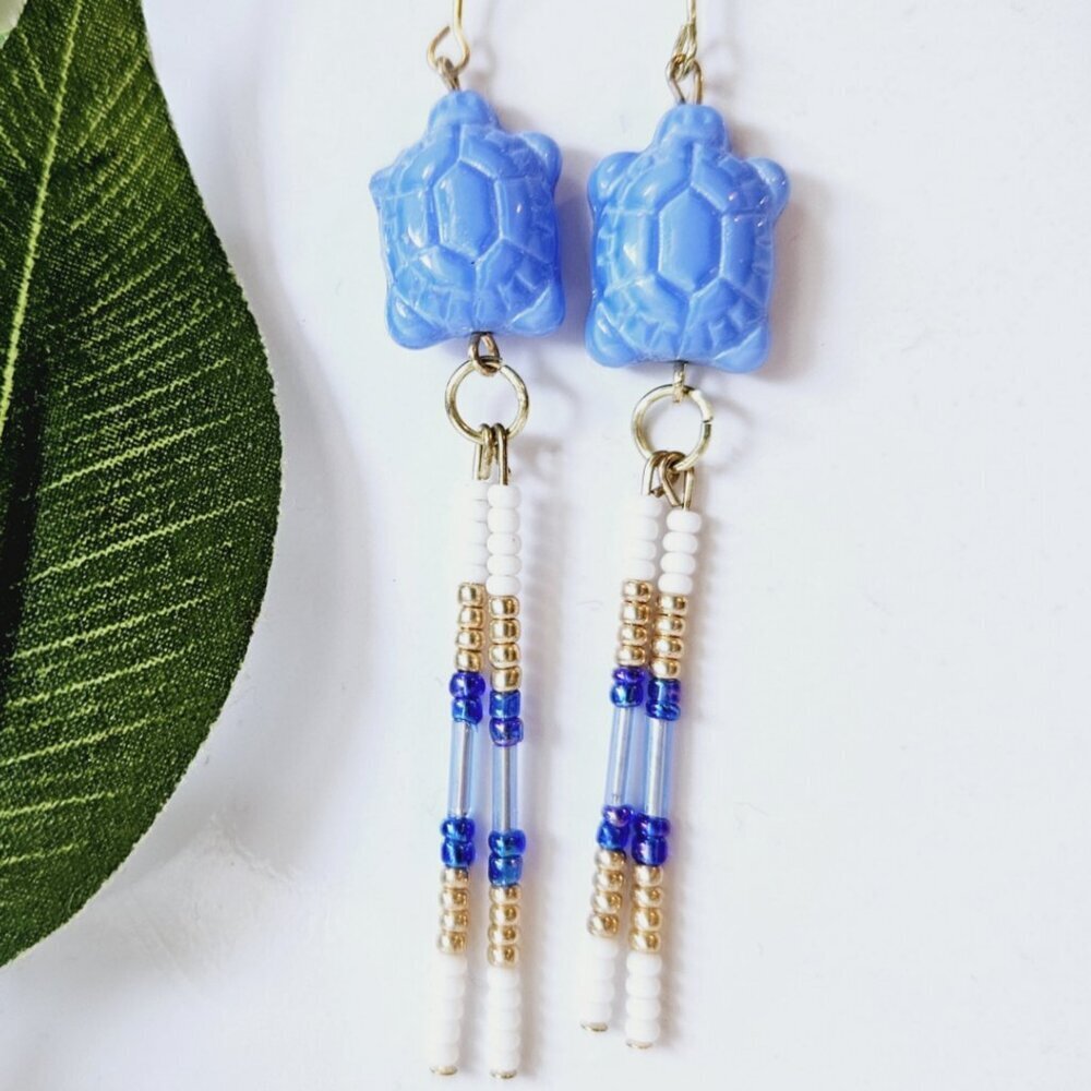 2/$27 | Blue Turtle Beaded Indigenous Native Fringe Earrings | Handmade Jewelry